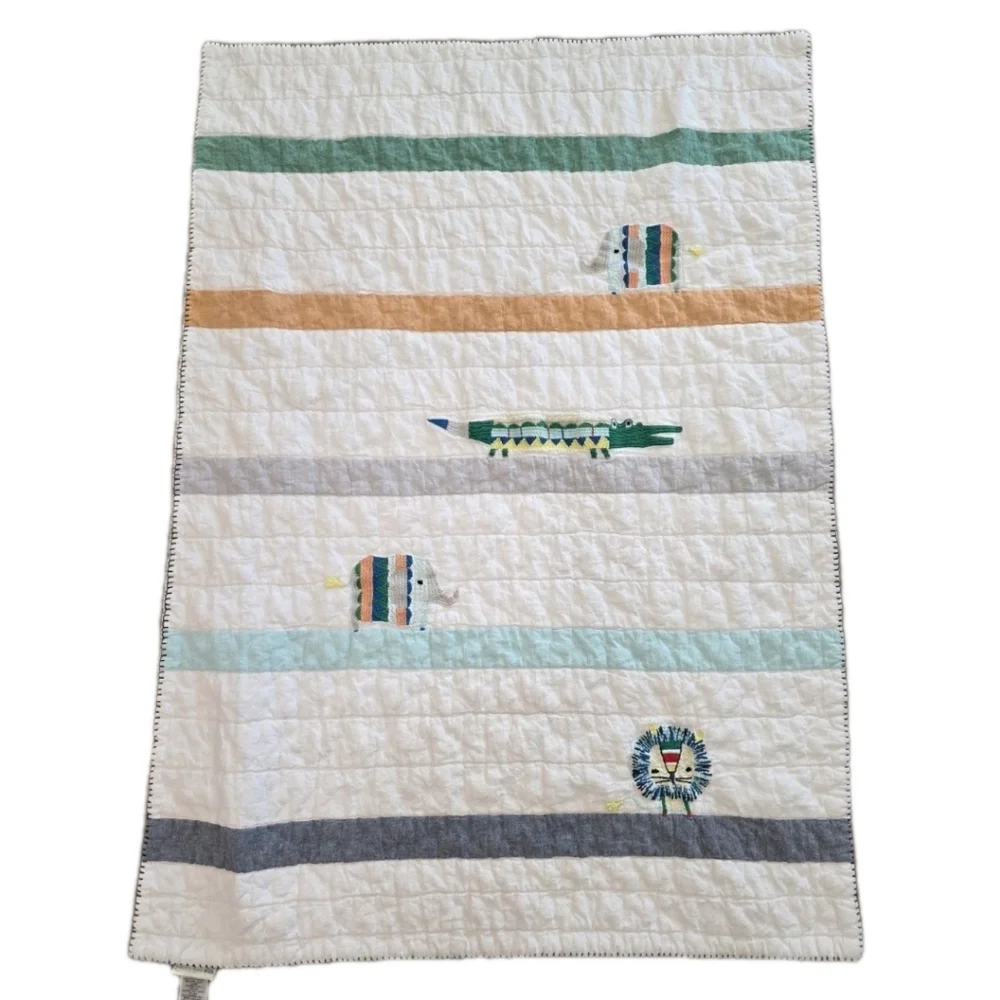 Pottery Barn Kids Colby Animal Baby Quilt Embroidered Alligator Elephant Lion